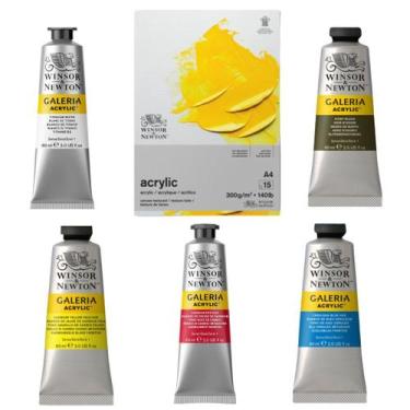 Imagem de Kit Pintura Acrílica 5 Tintas Cores Primárias + Bloco A4 - Winsor & Ne