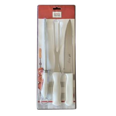 Imagem de Kit de Facas 3 Peças Faca do Chef Garfo e Chaira Cabo Branco - TAIRA H