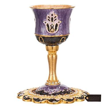 Imagem de Conjunto de copos infantis Matashi de esmalte pintado à mão de 12,7 cm com haste e bandeja enfeitada com cristais e design Hamsa para casamentos Shabbat Havdalah Passover Goblet Judaica Gift Home Decor Blessings Cup