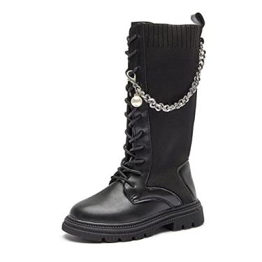 Imagem de Botas de inverno de cano alto com cadarço de couro para meninas pequenas botas de equitação de combate de cano médio preto (bebê/criança pequena/criança grande), Preto, 1 Big Kid