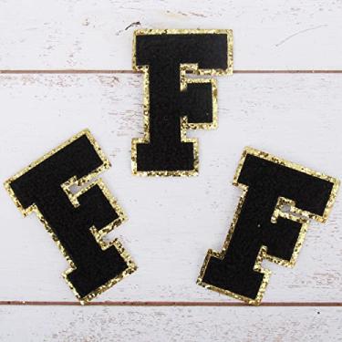 Imagem de Pacote com 3 adesivos de Chenille Iron On Glitter Varsity Letter 8 cm de altura "F" - Tecido de chenille preto com acabamento em glitter dourado - Costurar ou passar a ferro - 8 cm preto F