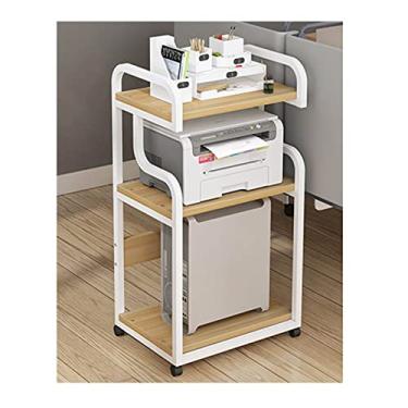 Imagem de Suporte de impressora móvel de 3 níveis com triturador de mesa de chão de rolamento Suporte de host de PC Prateleira de armazenamento ajustável sobre rodas para material de escritório Suporte de impressora de scanner de fax para mesa