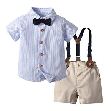 Imagem de Camiseta infantil para meninos com estampa listrada de manga curta e suspensórios shorts infantil roupas de cavalheiro (azul, 3 a 6 meses)