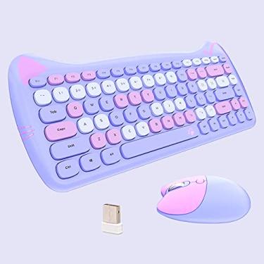 Imagem de Cute Cat Combo teclado e mouse sem fio USB 2,4 G, teclas silenciosas, cores doces, compatível com notebook, PC (roxo - 84 teclas)