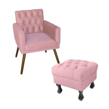 Imagem de Kit Poltrona Emilia E Puff Retrô Para Sala Quarto Suede Rosa - LM DECOR