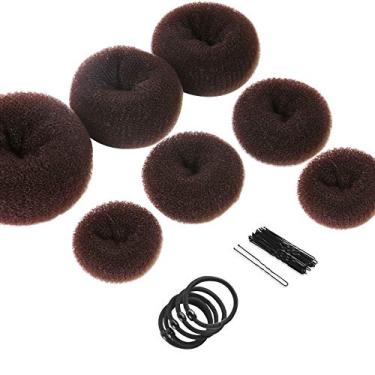 Imagem de Donut Hair Bun Maker 7 peças, Anel para adolescentes, conjunto de coqueteleiras com modeladores de cabelo (1 extragrande, 2 grandes, 2 médios e 2 pequenos), 5 peças de faixas elásticas