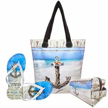 Imagem de Kit Praia Feminino Âncora Azul com Bolsa, Necessaire e Chinelo, Magicc