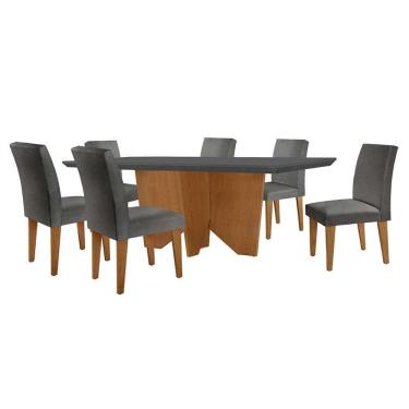 Imagem de conjunto de mesa de jantar retangular com tampo de vidro varsóvia e 6 cadeiras grécia linho grafite e imbuia