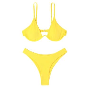 Imagem de Conjunto de biquínis de praia femininos atrevidos, plus size, biquíni peitudo, cintura alta, push up, roupa de praia transparente, Amarelo, GG