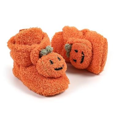 Imagem de GDSDYM Pantufas de lã aconchegantes para bebês, sapatos macios para bebês com solas aderentes, meias de berço para recém-nascidos quentes para o inverno, A0201 Laranja, 0-6 meses