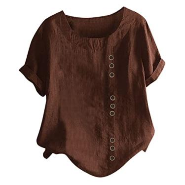 Imagem de Camisetas femininas de linho com gola redonda de linho de manga curta e mistura de algodão, Ofertas relâmpago marrom, G