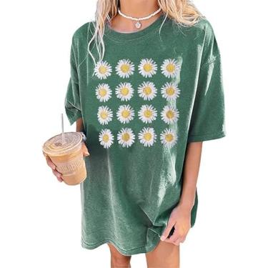Imagem de Camiseta feminina floral de grandes dimensões com estampa inspiradora flores e plantas, Verde escuro - D, M