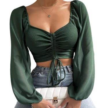 Imagem de Camiseta feminina justa com cordão de chiffon com cordão primavera e outono, Verde, Tamanho Único