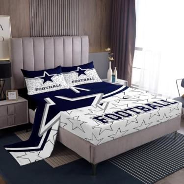 Imagem de Jogo de cama infantil de futebol americano tamanho duplo, jogo de cama de jogos de esportes de futebol de rúgbi, decoração de quarto de homem, jogador de cowboy americano do Texas azul branco conjunto