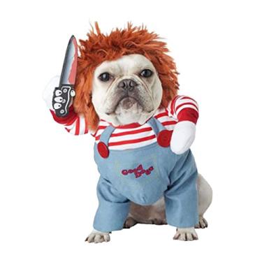 Imagem de Vansonly Fantasias de Halloween para cães pequenos, médios e grandes, gatos, boneca de Halloween, fantasia de Chucky, peruca engraçada de Halloween, roupas de festa para cães, fantasia de buldogue,