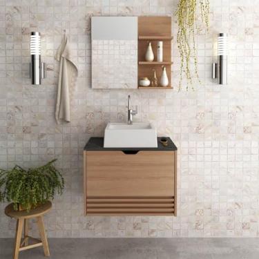 Imagem de Gabinete de Banheiro Suspenso com Cuba e Espelheira Nicho Amêndoa Mármore Lunar