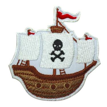 Imagem de Patch infantil de piratas, emblema de navio de piratas, aplique de desenho animado, aplique de rimas infantis, bordado com ferro na costura, emblema para roupas, etc. 8 x 7,5 cm