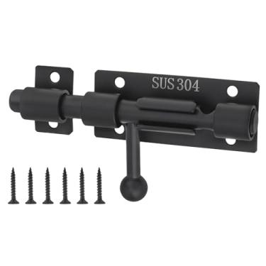 Imagem de HOJLKLD Trava de porta de barril, trava de celeiro de aço inoxidável 304 com orifício de cadeado de 8 mm, fechadura de porta deslizante preta resistente (preta, 10 cm)