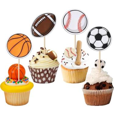 Imagem de Rsstarxi Pacote com 40 Toppers de Cupcake Esportivos Basquete Cupcake Palitos de Futebol Bola de Futebol Beisebol Rugby Decorações de Bolo para Esportes Bola Tema de Jogo de Bebê Decorações de Festa