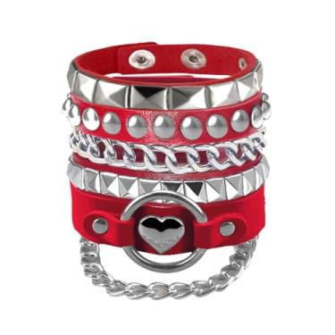 Imagem de 3 peças de pulseiras de couro macio com coração/pirâmide/corrente, punhos de pulso punk emo acessórios de joias, presente gótico para mulheres vintage, One Size, Couro sintético, Sem Pedra Preciosa