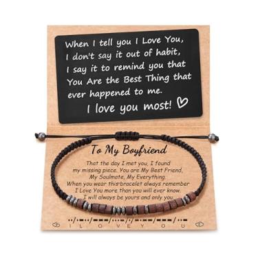 Imagem de Tarsus Presente de Dia dos Namorados para ele - Pulseiras com código Morse I Love You com cartão de carteira - Presentes para namorado, marido, aniversário, Natal, Dia dos Namorados, aniversário,