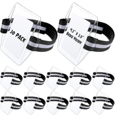 Imagem de Epakh Suporte de crachá de braço de 30 peças, suporte de crachá de braçadeira com fecho de gancho e laço, suporte de crachá de plástico transparente, tamanho universal (preto, tiras refletivas)