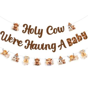 Imagem de JOYMEMO Bandeira Holy Cow We are Having a Baby com guirlanda de vaca Highland - Decorações de chá de bebê de vaca marrom Highland, tema animais de fazenda, gravidez, celebração, artigos de festa para