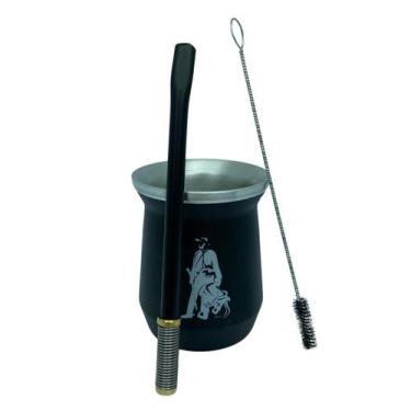 Imagem de Kit tereré cuia copo redondo 350ml alumínio parede dupla preto + bomba
