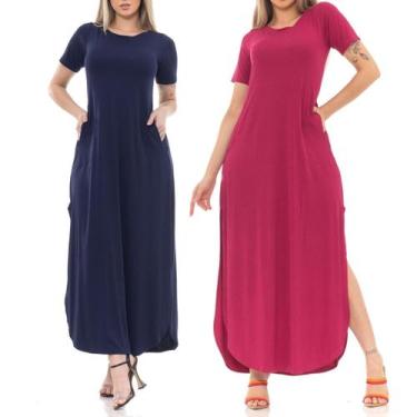 Imagem de Kit 2 Vestidos Longo De Lycra Premium Azul Marinho e Pink Com Fenda La
