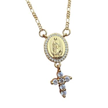 Imagem de Colar Com Medalhão De Cruz E Virgem Maria,Colar Com Medalha Banhada A Ouro E Zircônia Cúbica Para Mulheres