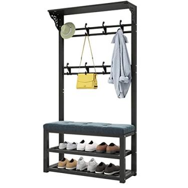 Imagem de Cabide de entrada para sapateira 3 em 1, banco de árvore, com prateleiras de 2 níveis e almofada de assento, organizador de banco de armazenamento de sapatos para quarto, corredor, sala de estar