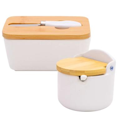 Imagem de Jogo Porcelana Manteigueira Tablete Saleiro Cerâmica Bambu Mesa Posta