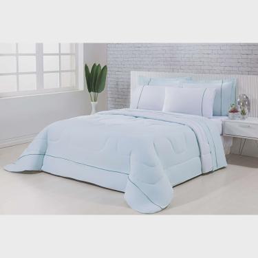 Imagem de Kit Edredom 100% Algodão Percal 150 Fios Dupla Face Casal + Jogo De Cama Gran Moratta 7 Peças - Verde/Branco