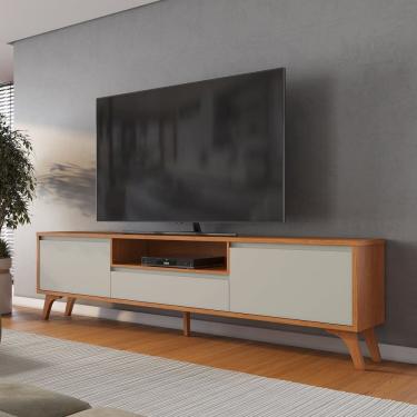 Imagem de Rack para Tv até 75 Polegadas Pés Madeira Maciça com Regulagem 237cm Piazza New Naturalle/Off White