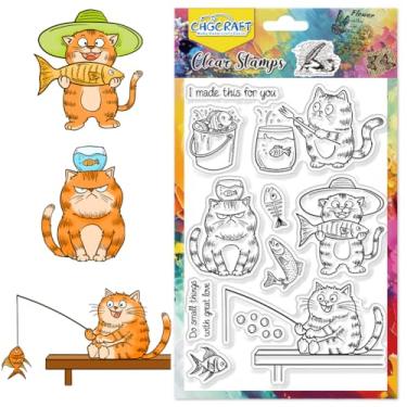 Imagem de CHGCRAFT Carimbos transparentes engraçados de pesca de gato fofo balde transparente para álbum de fotos de scrapbook faça você mesmo, 16 x 11 cm
