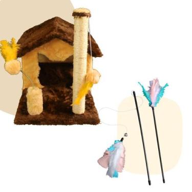 Imagem de Kit Arranhador Sisal Casa sem Rede para Gato e Brinquedo 2 Varinhas co