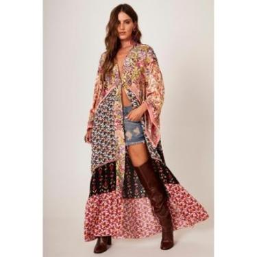 Imagem de Kimono Longo Com Franjinhas Rosa Estampa Patchwork Yacamim J2-Feminino