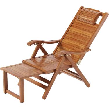 Imagem de Reclinner de bambu dobrável, poltrona de backrest de espreguiçadeira reclinável ajustável de 5 posições, cama de sol ao ar livre com apoio de pé para pátio de jardim, cadeira