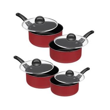 Imagem de Conjunto de Panelas Antiaderentes, 13 Peças, Alumínio, Vermelho, com Tampas de Vidro e Cabos em Baquelite