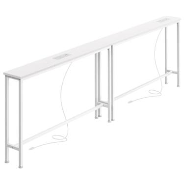 Imagem de SUPERJARE Mesa de console estreita de 14 cm com tomada, conjunto de 2 mesas de sofá, comprimento total 190 cm, atrás da mesa de sofá, mesas de entrada longas com estação de carregamento, para sala de