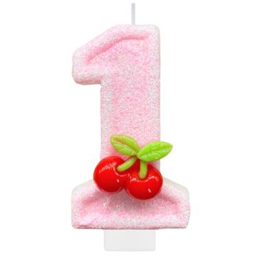 Imagem de Velas de aniversário de cereja, vela número 1 para bolo, decoração de festa de aniversário, enfeite de bolo, enfeite de cupcake para decoração de festa