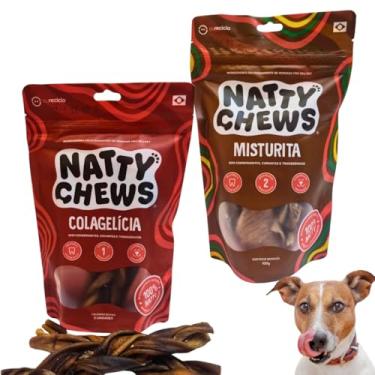 Imagem de Kit com 01 Embalagens Colágeno Bovino Trançado Colagelícia + 01 Embalagem Recortes de Esôfago e Traqueia Desidratados Misturinha Mordedor Natural Natty Chews Pet Cachorro