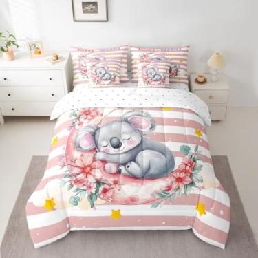 Imagem de Jogo de cama casal com estampa de coala, 7 peças, listras geométricas lua, estrelas, desenho animado de animais selvagens, rústico (edredom + lençol de cima + 2 fronhas + 2 fronhas de travesseiro)