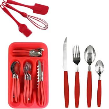 Imagem de Kit Cozinha 28 Peças, Talheres Inox 25 Peças com Porta-Talher, Utensílios Silicone Vermelho