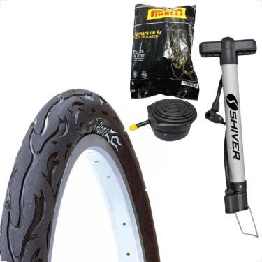 Imagem de Pneu Bicicleta Kenda Flame Balão Aro 26 x 2.125 Liso Fogo + Camara Pirelli + Bombinha de ar