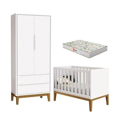 Imagem de Berço Americano E Guarda Roupa 2 Portas New Classic Branco Com Pés Madeira E Colchão Gazin ? Reller
