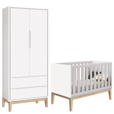 Imagem de Berço Americano E Guarda Roupa Classic 2 Portas Branco Com Pés Madeira Natural ? Reller