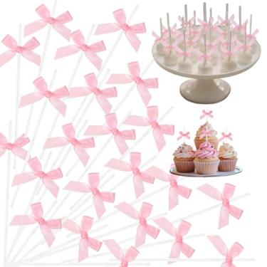 Imagem de Faccito 50 conjuntos de palitos de pirulito de 15 cm com laços rosados, palitos de bolo pop DIY decorações de sobremesa para pirulitos, topos de cupcake, doces, guloseimas, embrulhos, artesanato