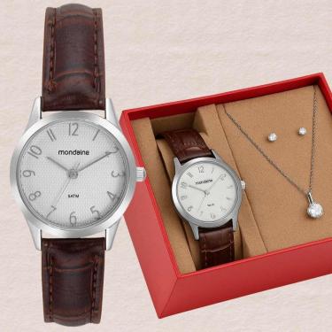 Imagem de Relógio Feminino Mondaine Colar Brincos Resistente Água 50M Pulseira de Couro Social Prateado 32794L0MKNH2K1