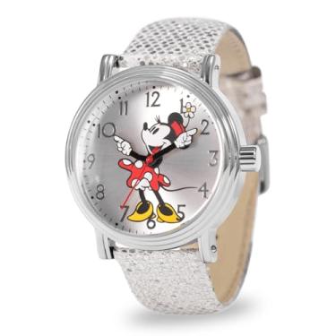 Imagem de Disney Relógio feminino Minnie Mouse com pulseira de couro brilhante, mostrador branco, caixa prateada | Relógios femininos elegantes da Minnie | Relógio de mouse elegante, presente perfeito para fãs